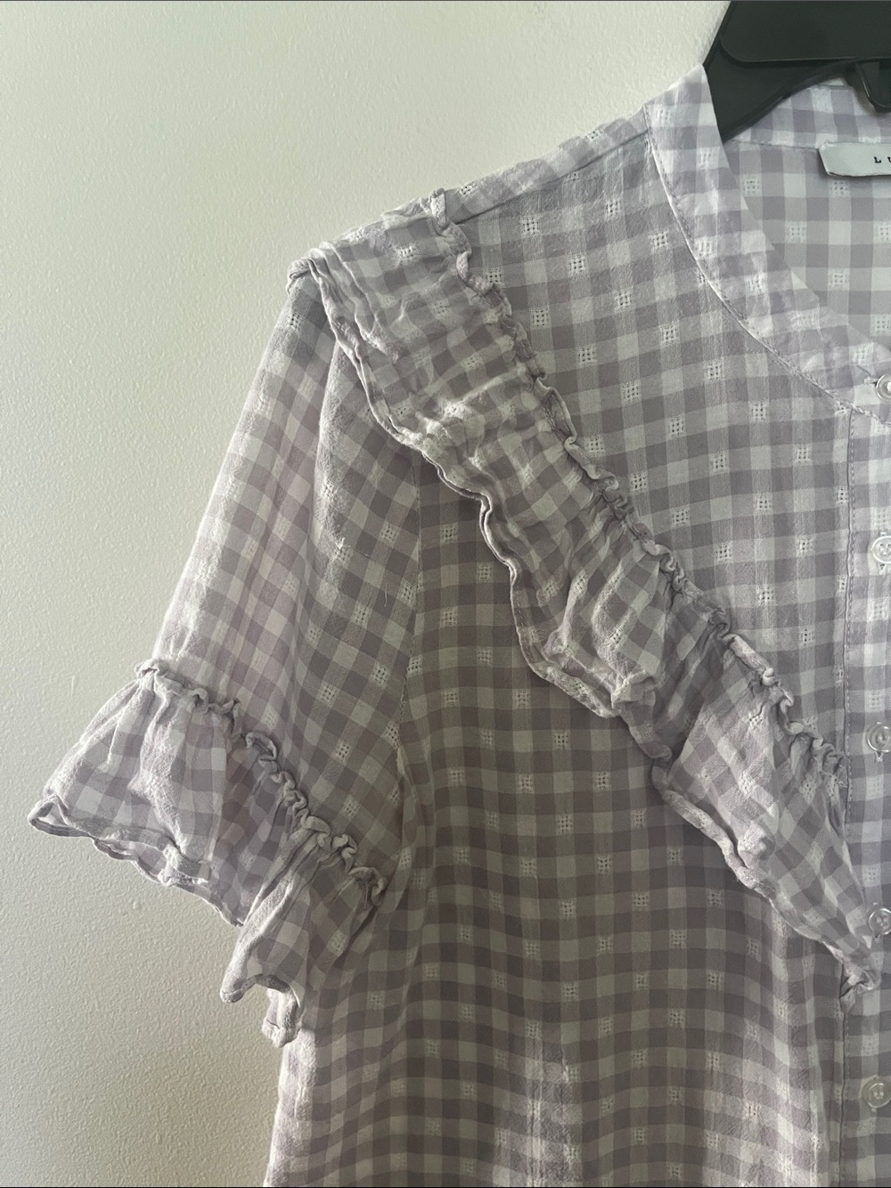 Lavender Gingham Ruffle Button-Front Top - Picture 3 of 7